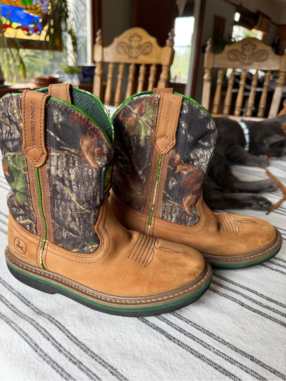 John Deere Tan Leather & Camo Kids Pull-On Boots with Green Trim,Boys 1.5